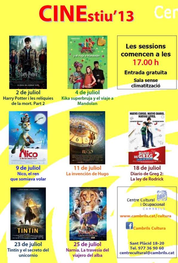 Cine familiar en Cambrils, Cartelera. 